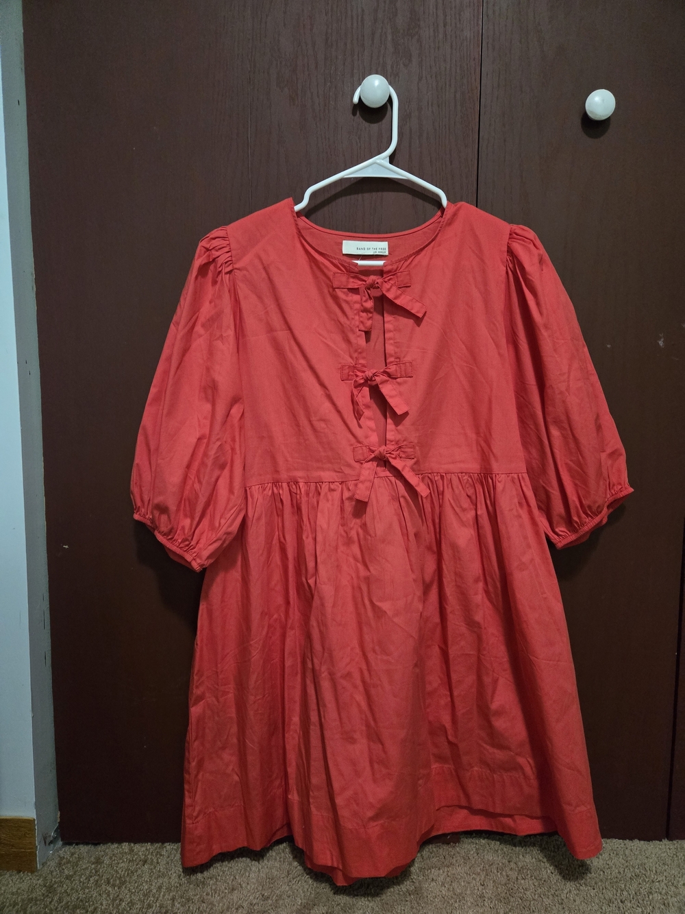 Bright Coral Bow-Front Puff Sleeve Dress